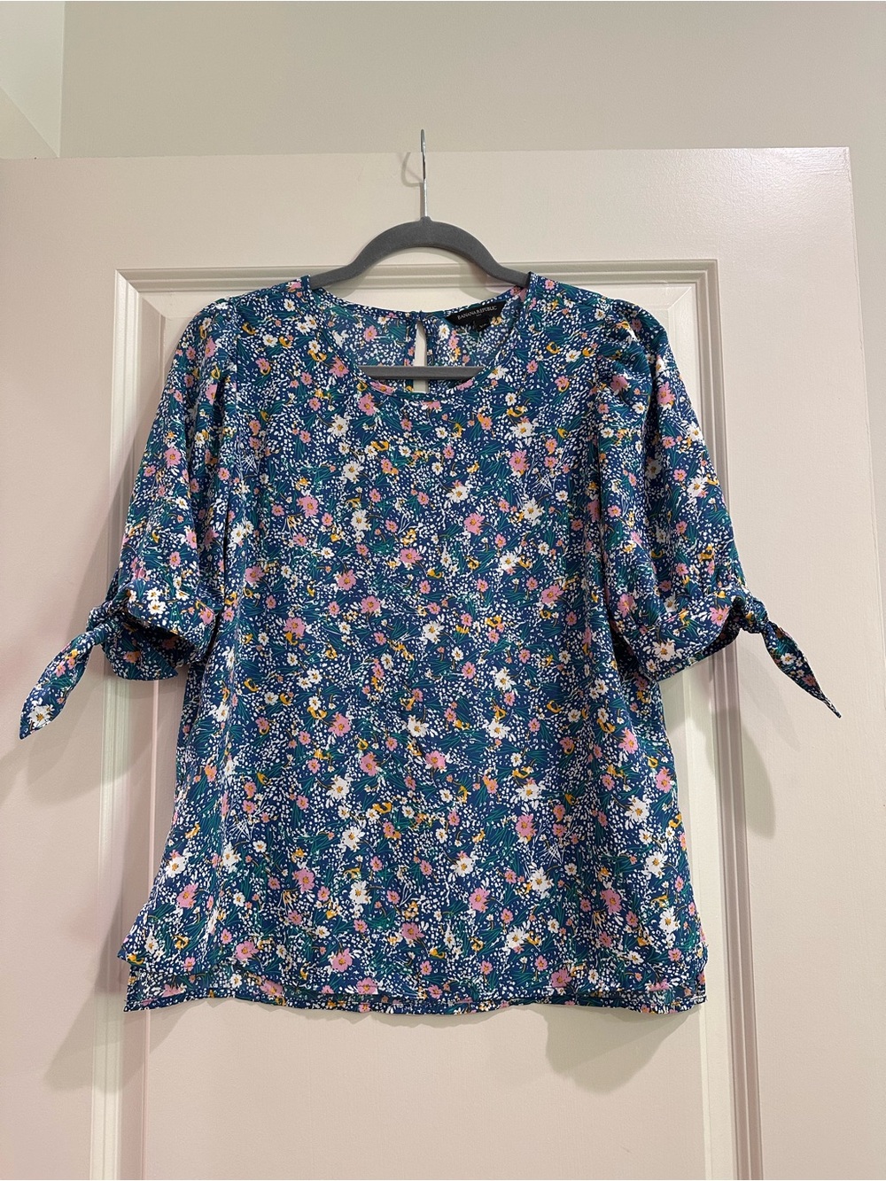 Banana Republic Navy Floral Tie-Sleeve Blouse